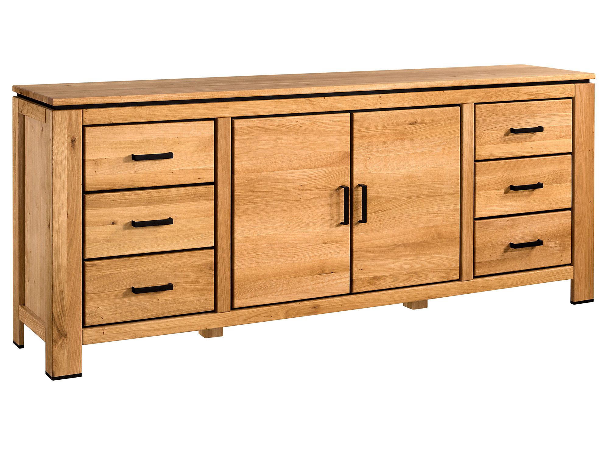 Komoda z litego dębu z czarnymi uchwytami i szufladami