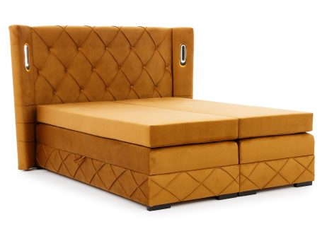 Musztardowe łóżko tapicerowane z oświetleniem