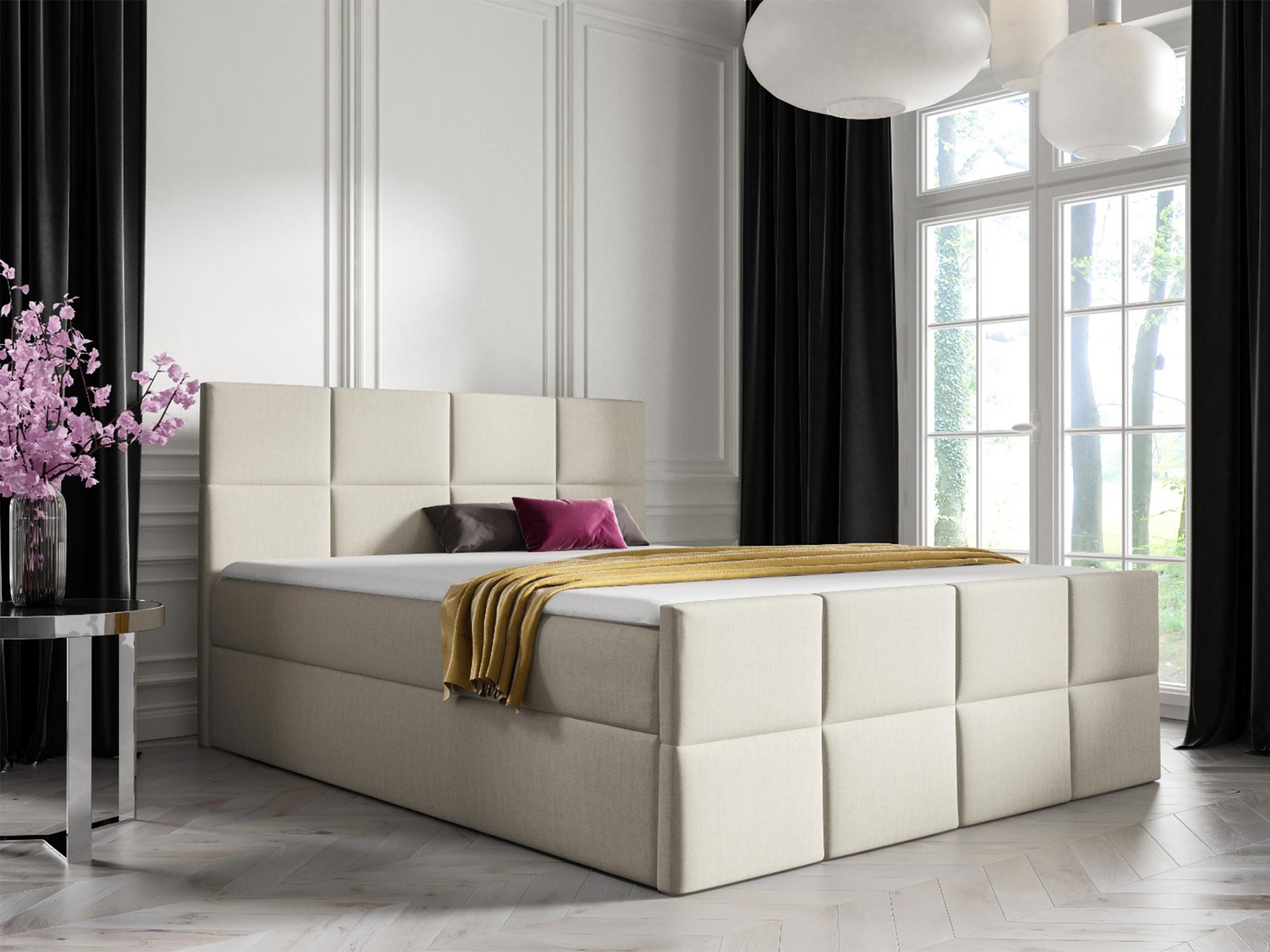 Jasno beżowe łóżko tapicerowane z pikowanym zagłówkiem Jasno beżowe łóżko tapicerowane z pikowanym zagłówkiem