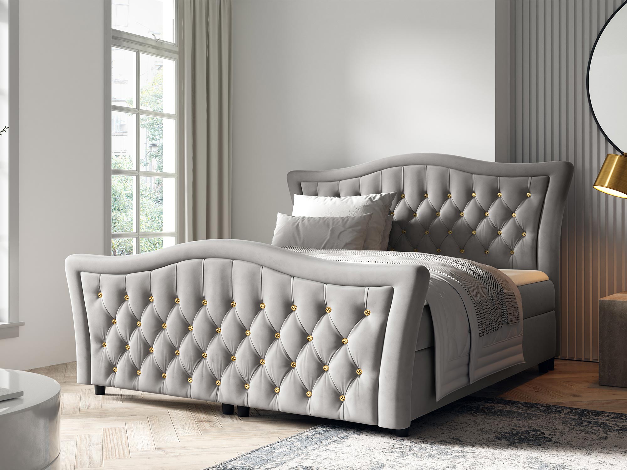 Łóżko w kolorze beżowym Łóżko w kolorze beżowym - stylowy model z prostym, pikowanym zagłówkiem, ciepły odcień, klasyczny design.