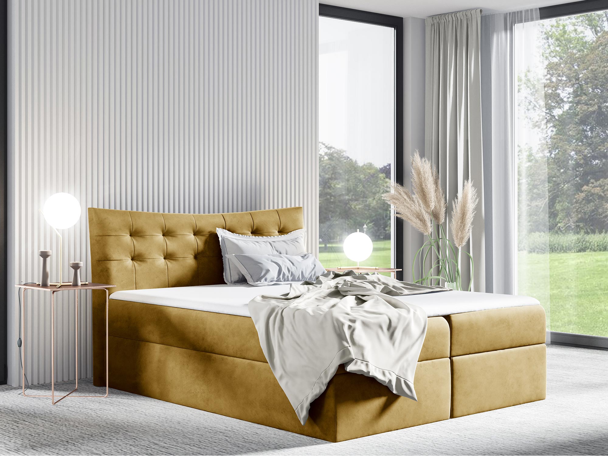 Łózko tapicerowane w musztardowym kolorze z nowoczesnym wykończeniem Łózko tapicerowane w musztardowym kolorze z nowoczesnym wykończeniem