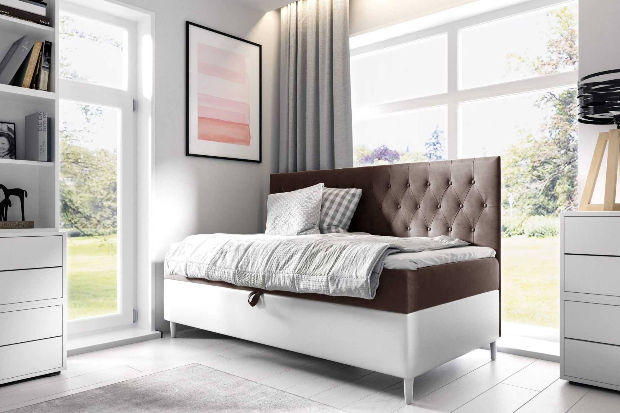 Brązowe łóżko młodzieżowe z białą ramą w nowoczesnej sypialni