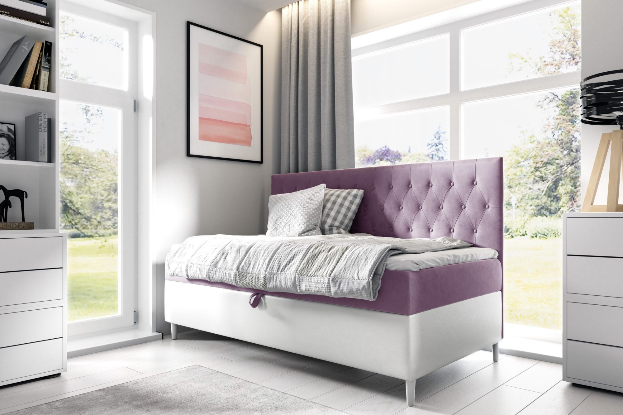 Fioletowe łóżko jednoosobowe glamour do przytulnej sypialni