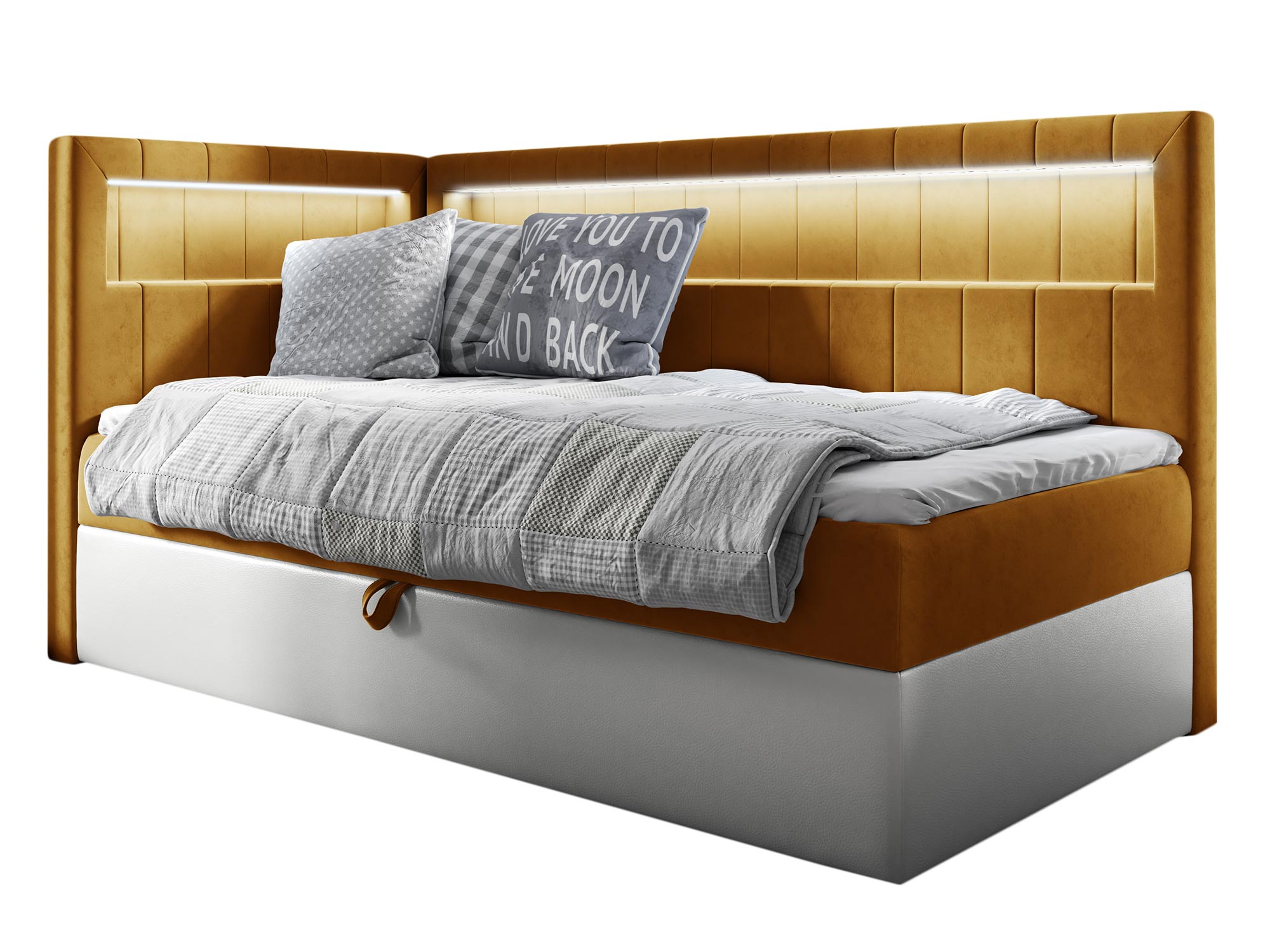 Musztardowe łóżko nowoczesne z oświetleniem LED Musztardowe łóżko nowoczesne z oświetleniem LED