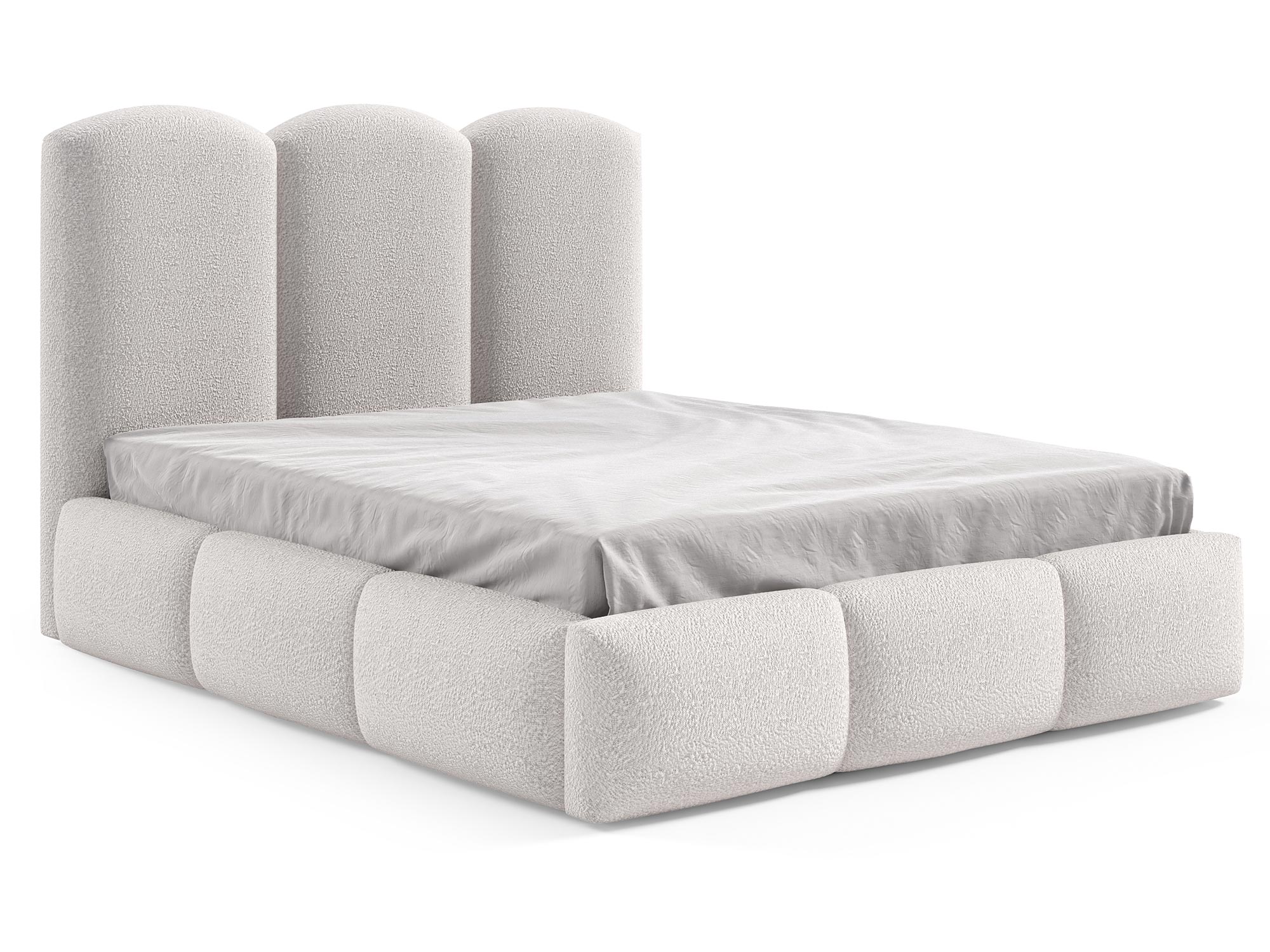 Beżowe łóżko w stylu japandi, z tekstylnym korpusem i zagłówkiem typu muszla. Beżowe łóżko w stylu japandi, z tekstylnym korpusem i zagłówkiem typu muszla.