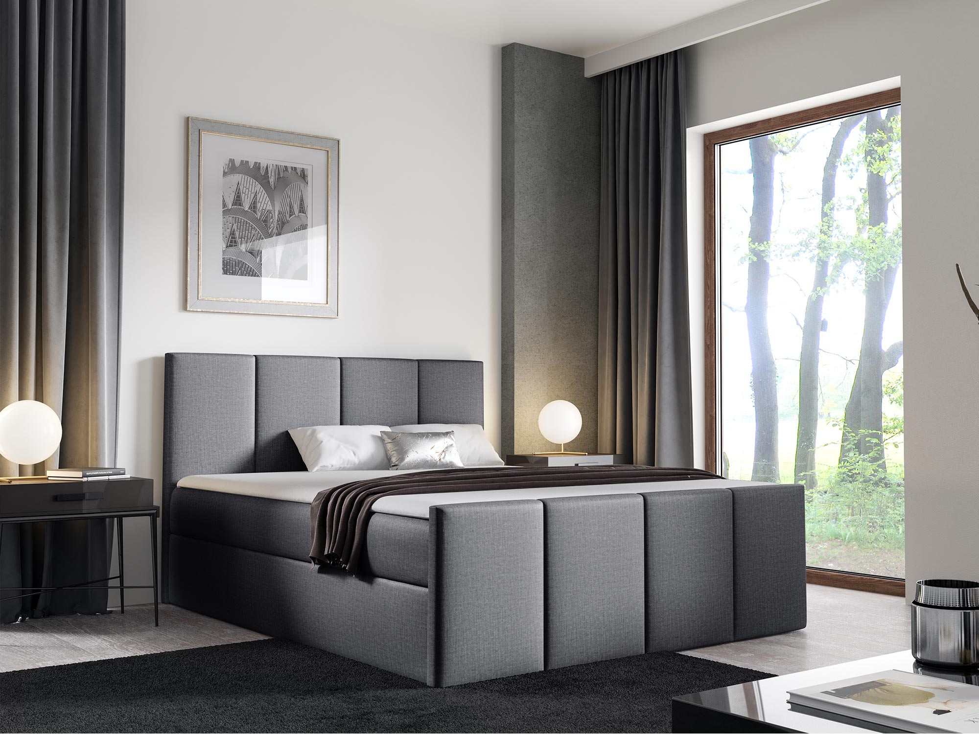 Łóżko tapicerowane w ciemnoszarym kolorze z eleganckim wykończeniem Łóżko tapicerowane w ciemnoszarym kolorze z eleganckim wykończeniem