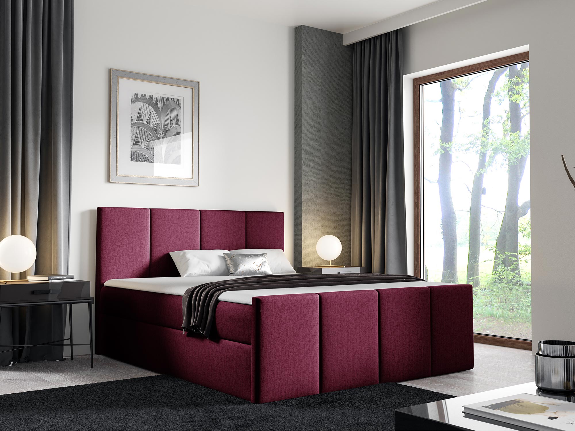 Łóżko tapicerowane w bordowym kolorze z pikowanym zagłówkiem Łóżko tapicerowane w bordowym kolorze z pikowanym zagłówkiem