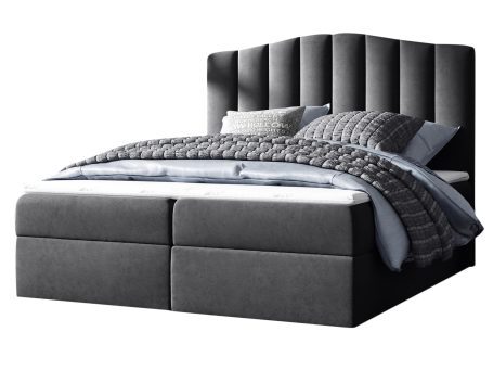 Łóżko tapicerowane w grafitowym kolorze z wysokim zagłówkiem w nowoczesnym stylu na białym tle