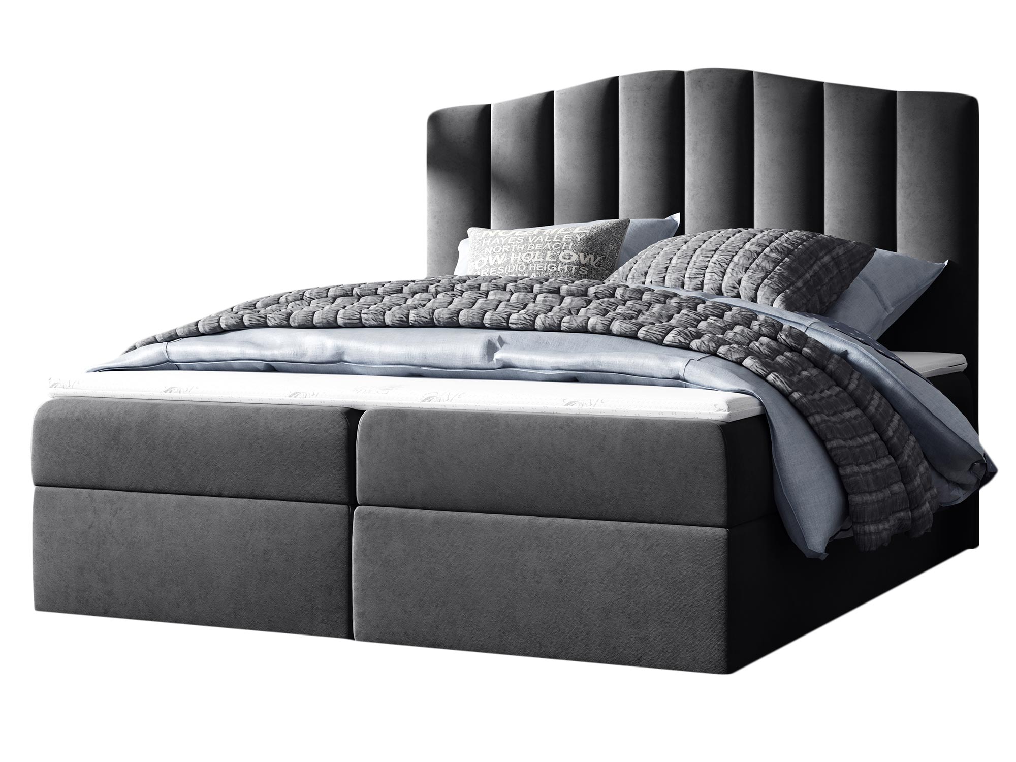 Łóżko tapicerowane w grafitowym kolorze z wysokim zagłówkiem w nowoczesnym stylu na białym tle Łóżko tapicerowane w grafitowym kolorze z wysokim zagłówkiem w nowoczesnym stylu na białym tle