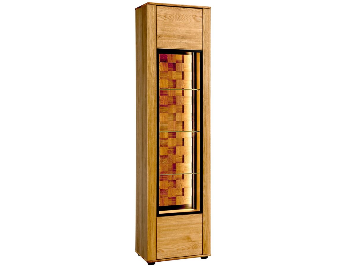 Universal-Vitrine aus Massiveiche mit Glasfront und Beleuchtung Shine Typ 10