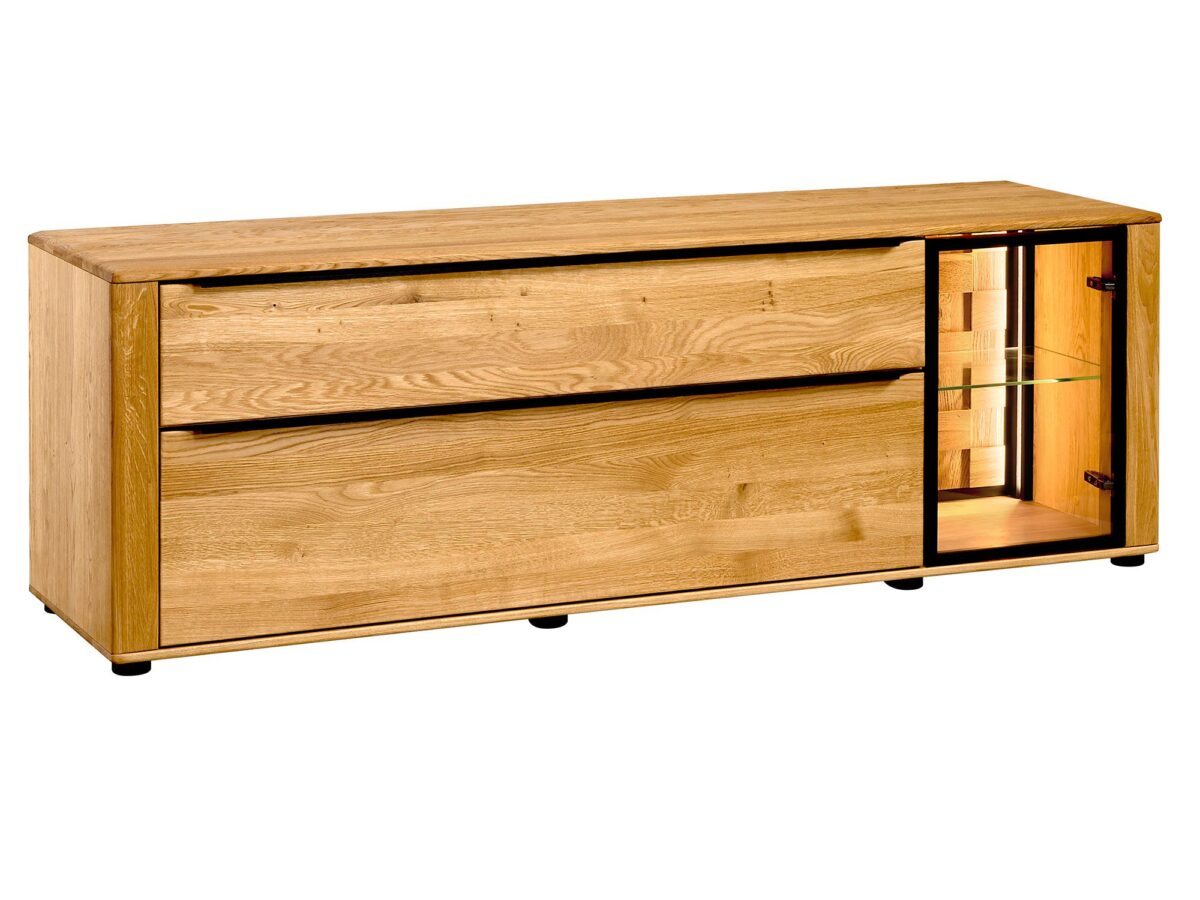 TV-Lowboard aus Massiveiche mit Glasfront und Beleuchtung Shine Typ 25
