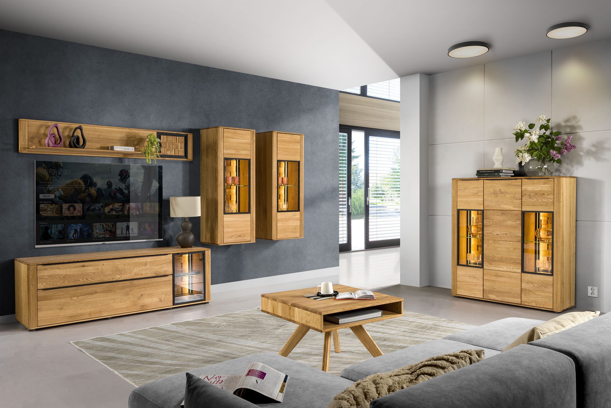 Zestaw salonowy z meblami dębowymi z oświetleniem