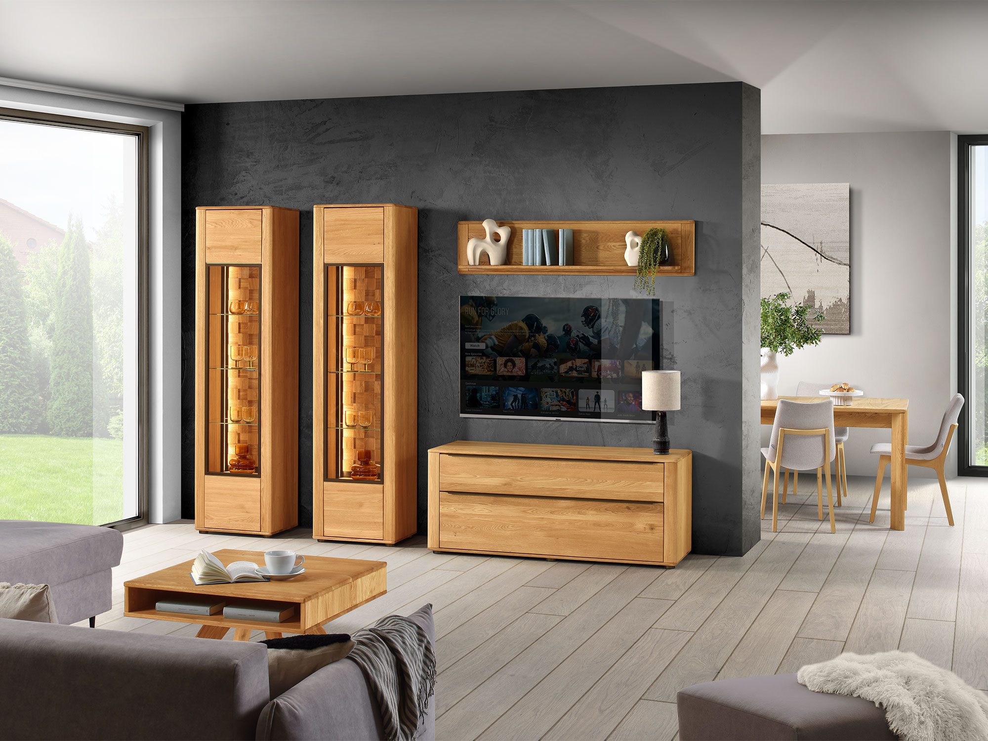 Aranżacja salonu z meblami dębowymi