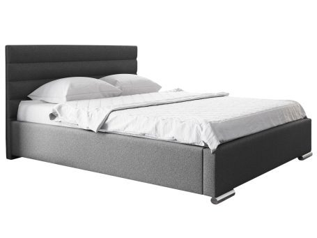 Szare łóżko tapicerowane z prostą konstrukcją i materacem