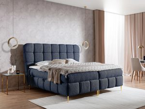 Miniaturka 14 - Granatowe łóżko tapicerowane z pikowanym zagłówkiem i złotymi nogami – luksusowe łóżko z wyrazistym kolorem i eleganckimi detalami.