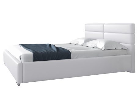 Proste białe łóżko z niskim zagłówkiem w minimalistycznej aranżacji