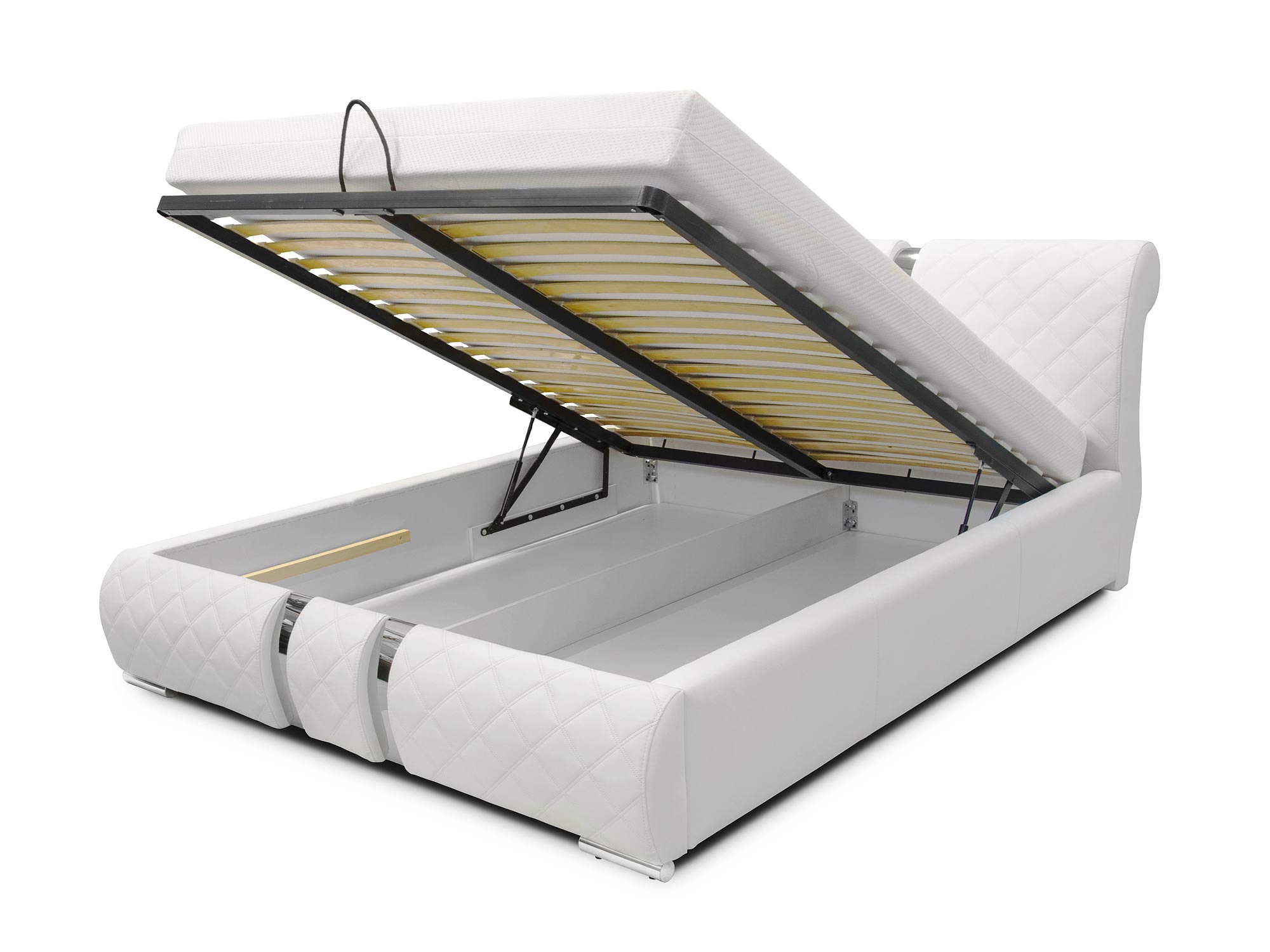 Białe łóżko z mechanizmem podnoszenia i pojemnikiem na pościel Białe łóżko z mechanizmem podnoszenia i pojemnikiem na pościel