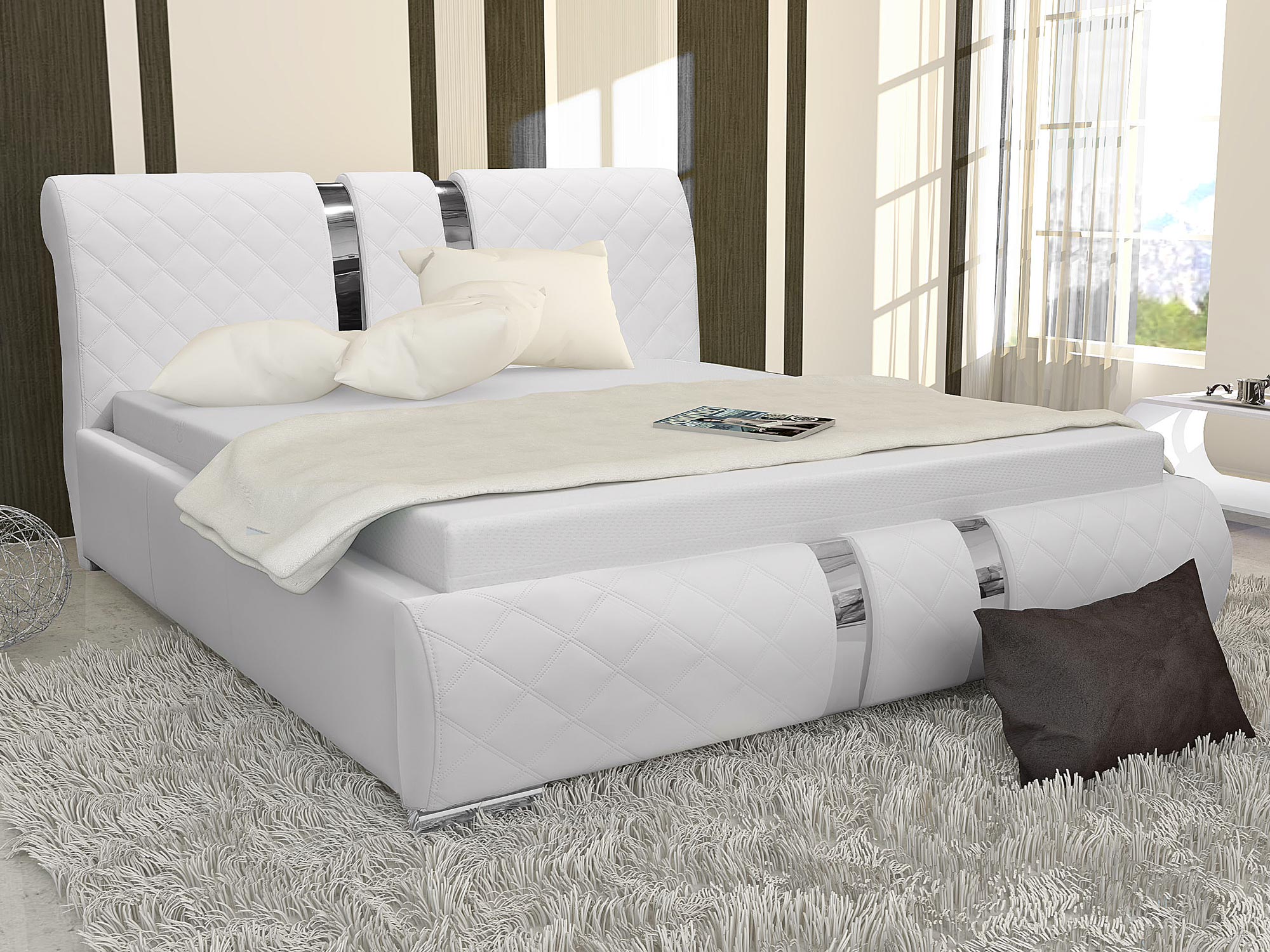 Tapicerowane łóżko z przeszyciami i dekoracyjną lamówką Tapicerowane łóżko z przeszyciami i dekoracyjną lamówką