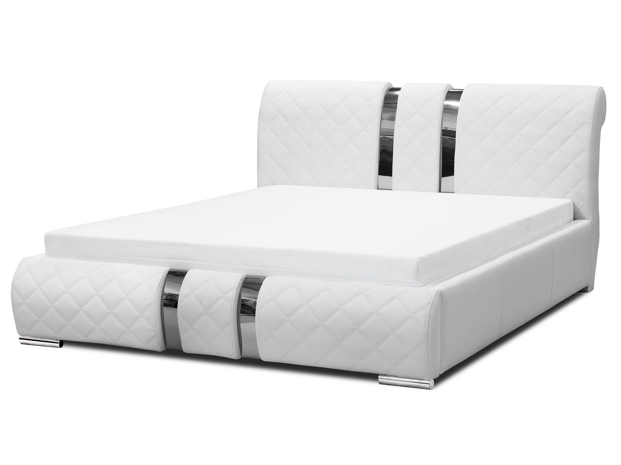 Łóżko-tapicerowane-NIKONiskie białe łóżko z dekoracyjnymi pasami i przeszyciami Niskie białe łóżko z dekoracyjnymi pasami i przeszyciami