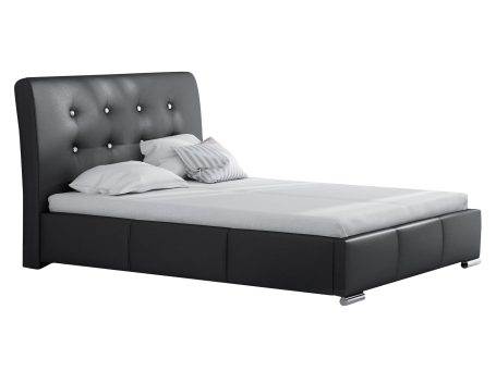 Czarne łóżko tapicerowane z kryształowymi guzikami