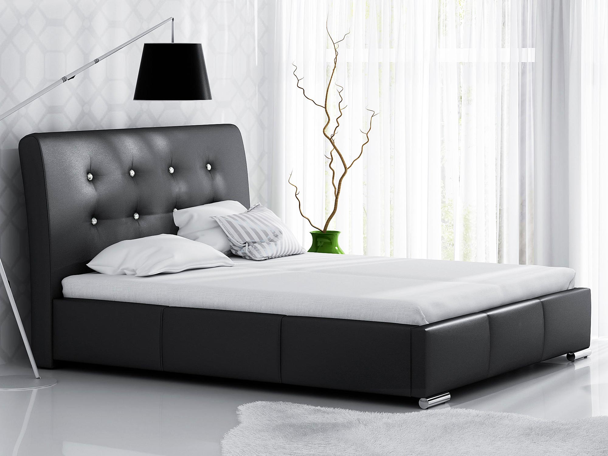 Czarne łóżko kontynentalne z pikowanym zagłówkiem Czarne łóżko kontynentalne z pikowanym zagłówkiem – stylowe łóżko w głębokim czarnym odcieniu z eleganckim wykończeniem.