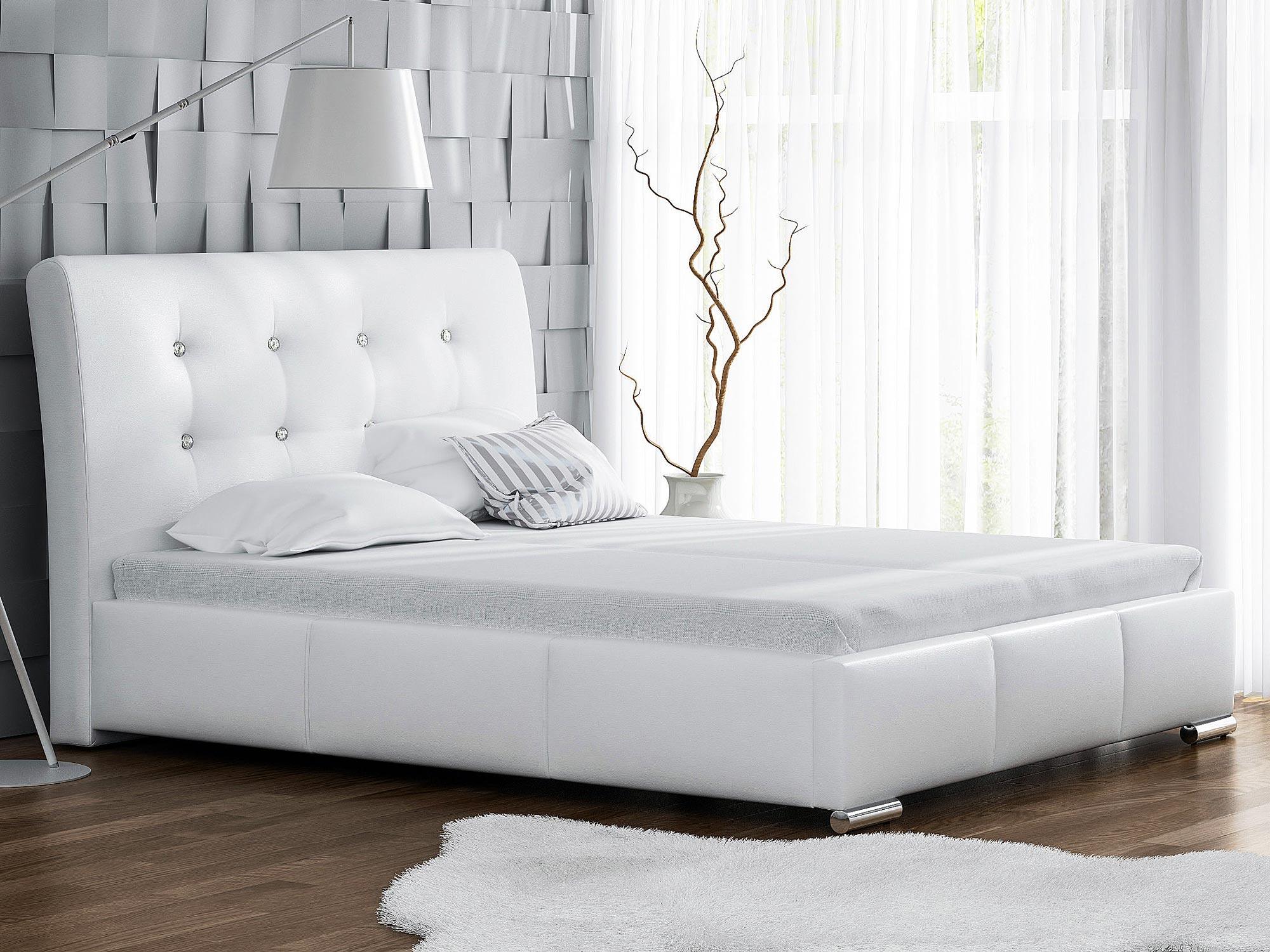 Białe łóżko kontynentalne z pikowanym zagłówkiem Białe łóżko kontynentalne z pikowanym zagłówkiem – klasyczne łóżko w jasnym, białym odcieniu z miękkim, pikowanym zagłówkiem.