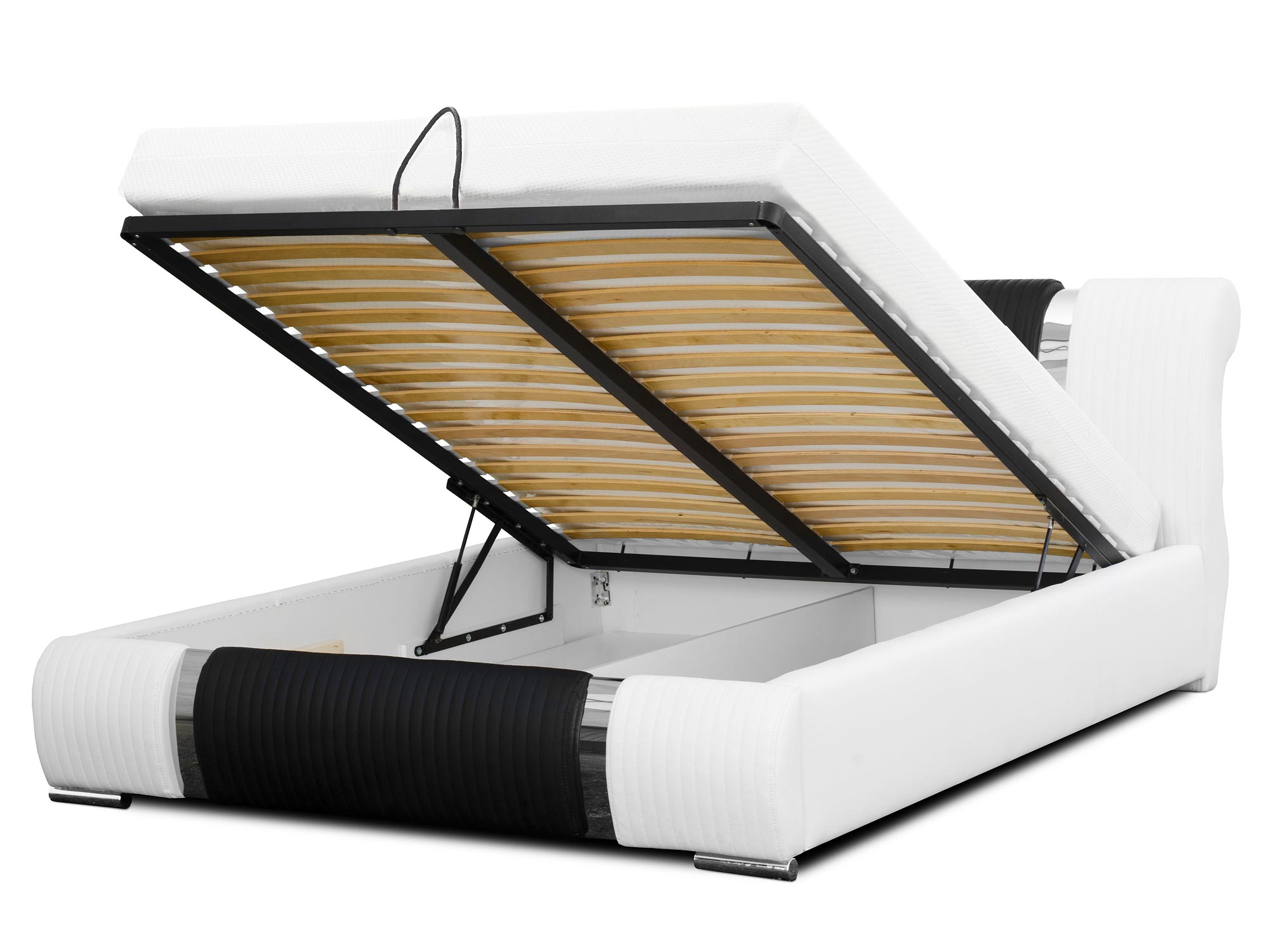 Białe łóżko z otwartym pojemnikiem i stelażem drewnianym Białe łóżko z otwartym pojemnikiem i stelażem drewnianym