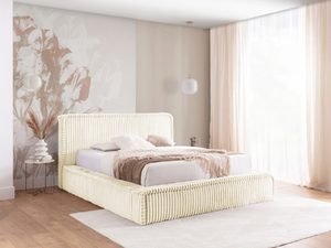 Miniaturka 10 - Jasno żółte łóżko do sypialni z welurową tapicerką i jasną pościelą