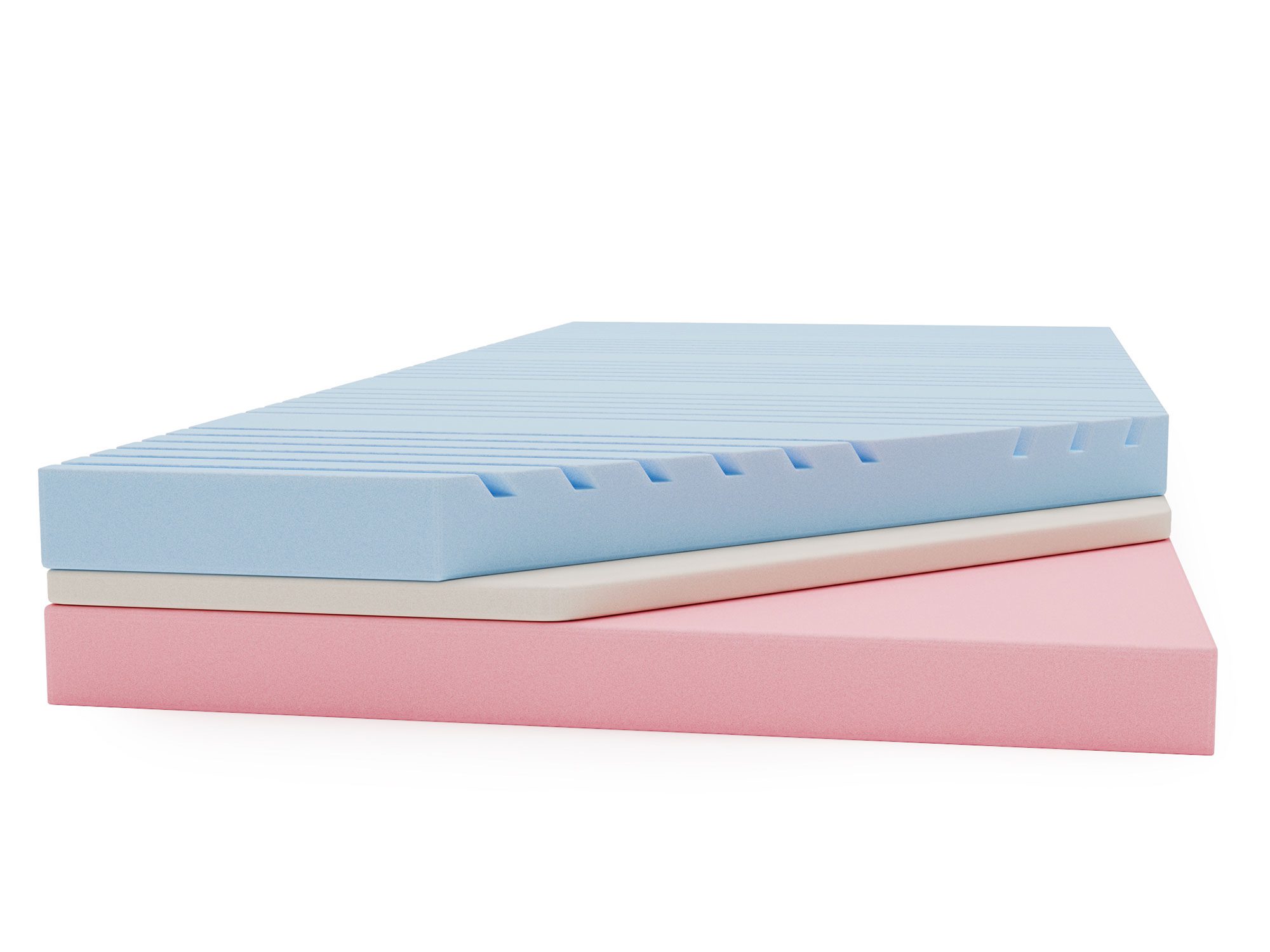 Przekrój materaca z kremową tkaniną i kolorowymi piankami