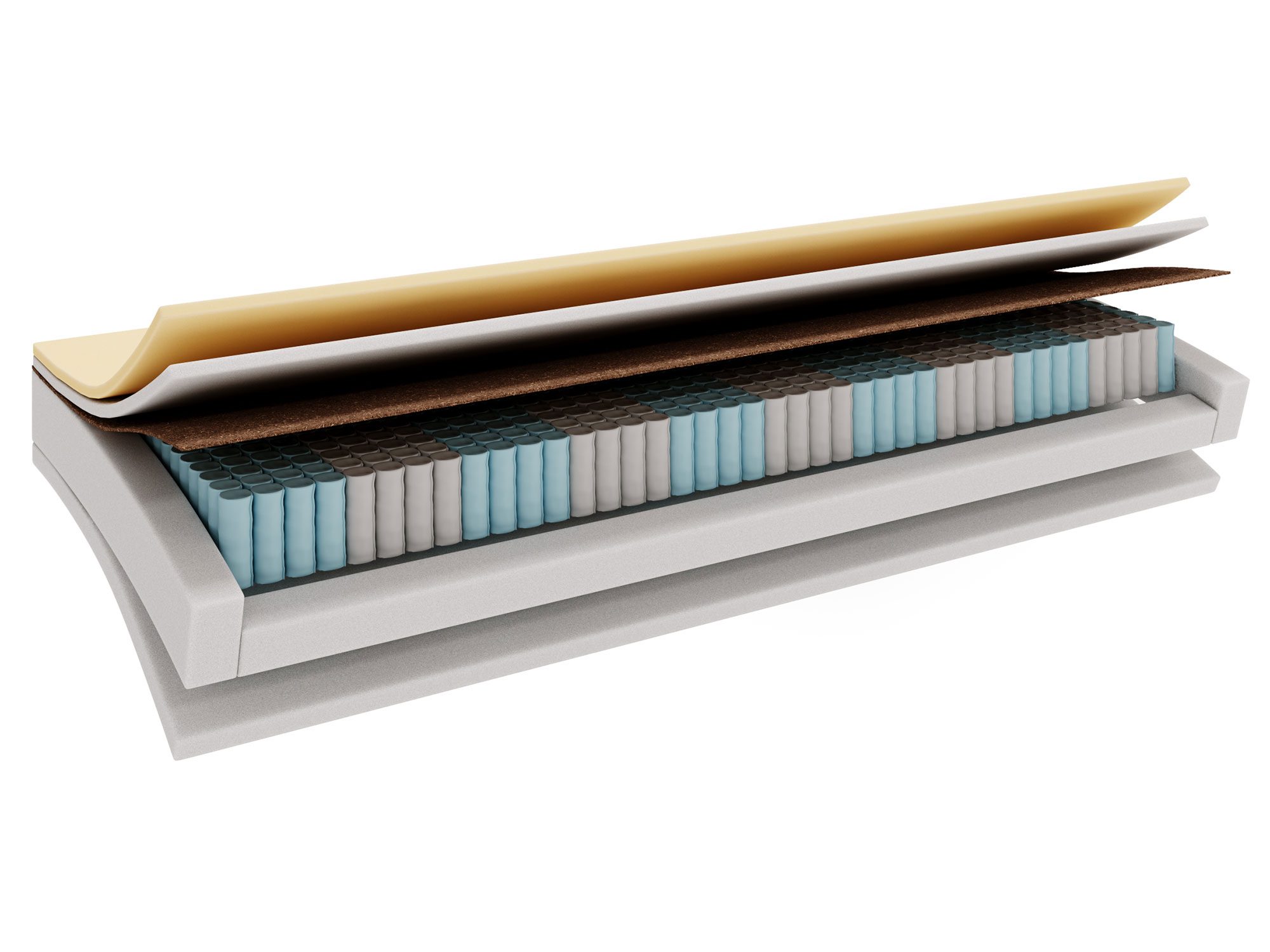 Przekrój materaca z niebieskimi sprężynami i wielowarstwową pianką