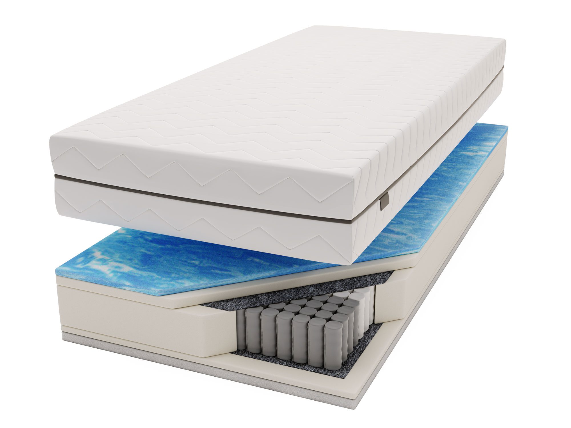 Eksplodowany przekrój materaca z pianką i systemem sprężyn