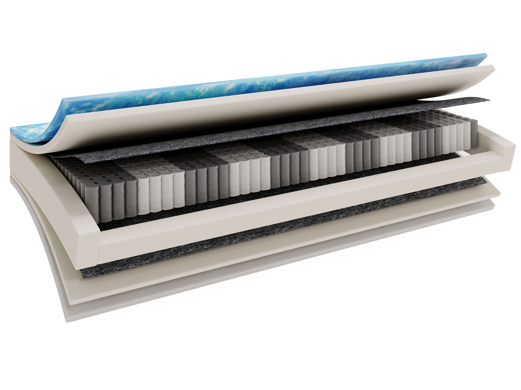 Przekrój materaca z czarną warstwą sprężyn i górną warstwą pianki