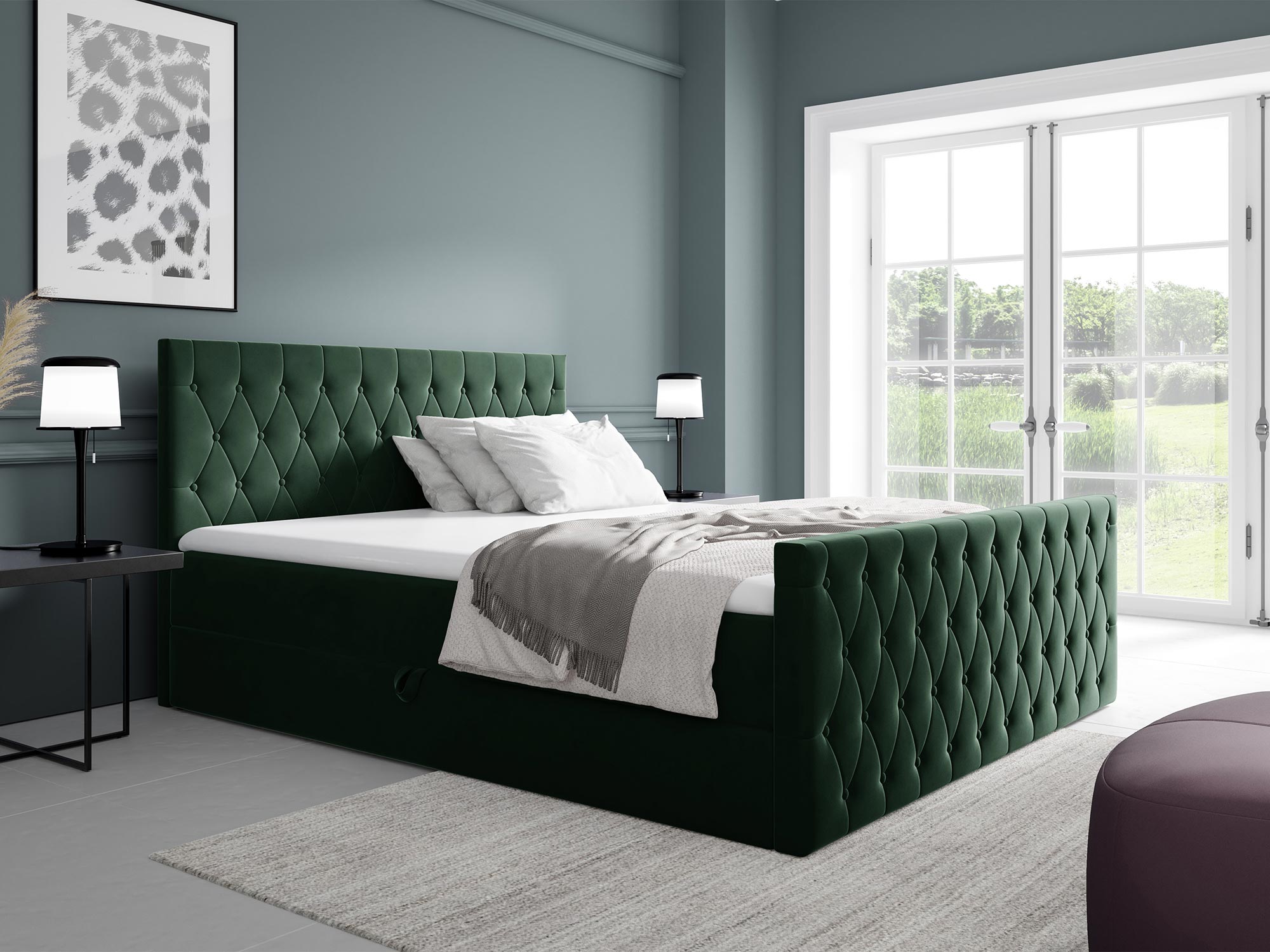 Łóżko tapicerowane w zielonym kolorze z pikowanym zagłówkiem Łóżko tapicerowane w zielonym kolorze z pikowanym zagłówkiem