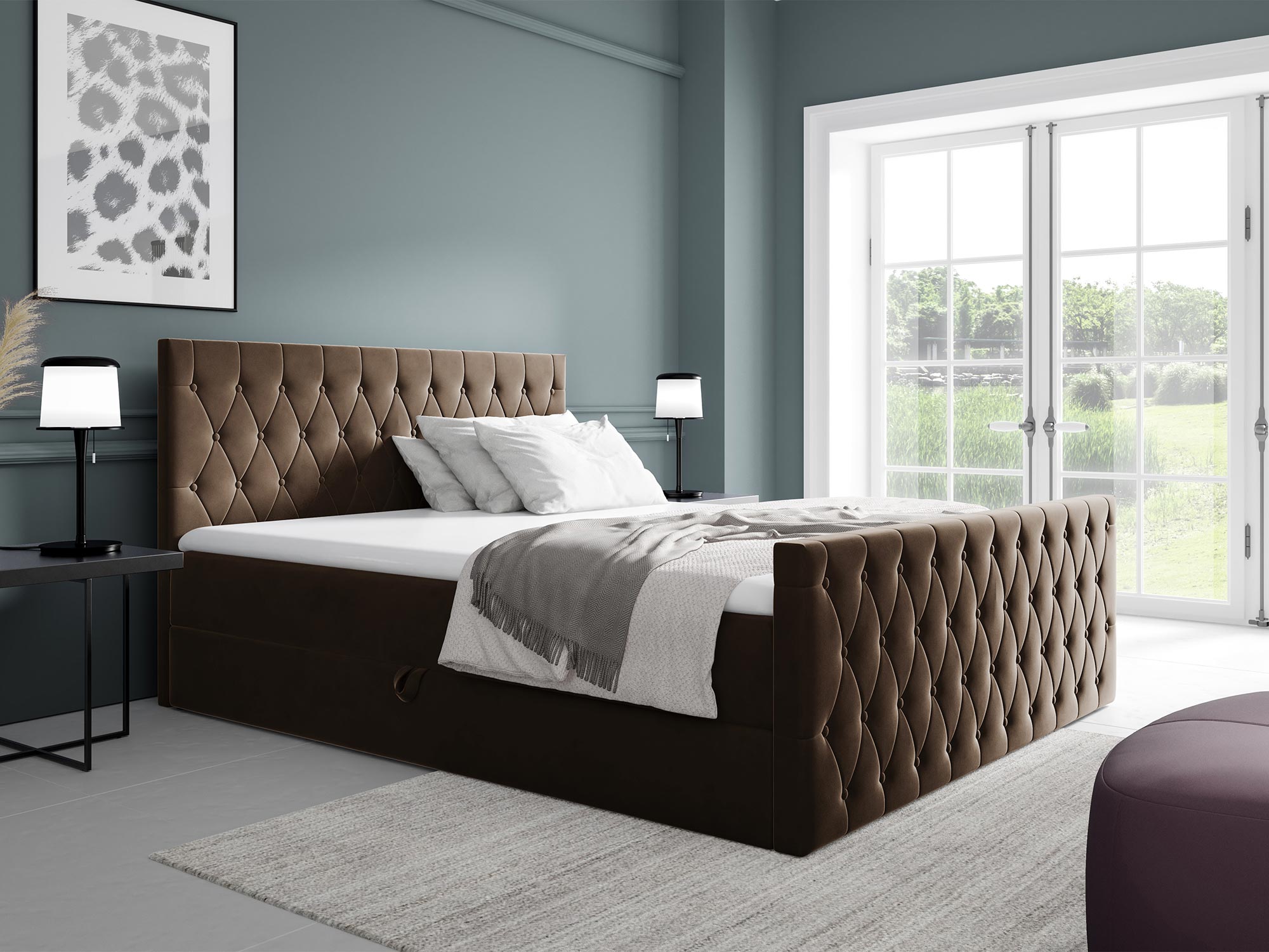 Łóżko tapicerowane w brązowym kolorze z pikowanym zagłówkiem Łóżko tapicerowane w brązowym kolorze z pikowanym zagłówkiem