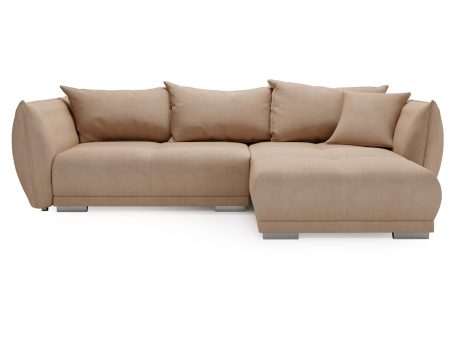 Beżowy narożnik z trzema dużymi poduchami i niskim bokiem