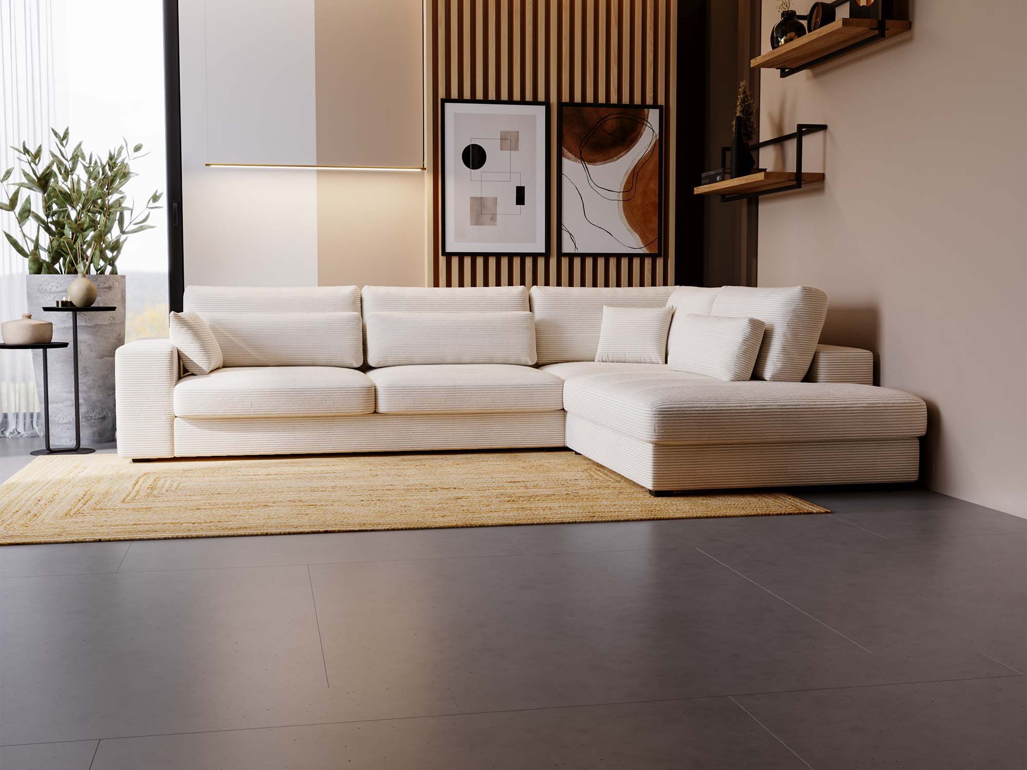 Narożnik ecru w eleganckiej aranżacji z dekoracjami ściennymi Narożnik ecru w eleganckiej aranżacji z dekoracjami ściennymi