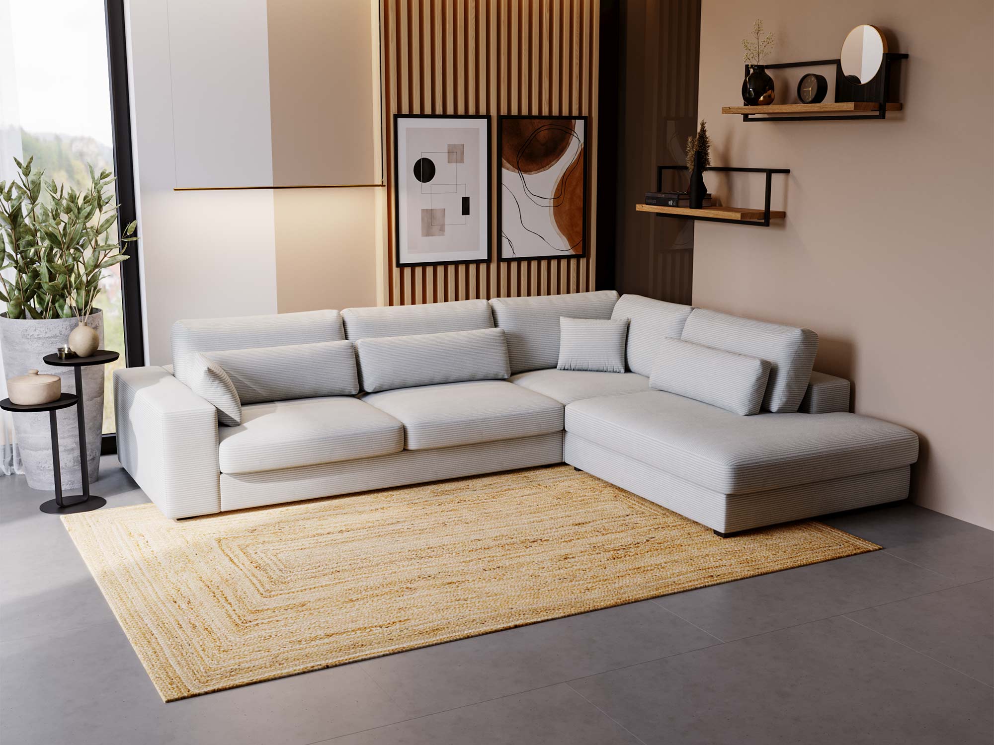 Jasnoszary narożnik z dużym siedziskiem i jasnym dywanem Jasnoszary narożnik z dużym siedziskiem i jasnym dywanem