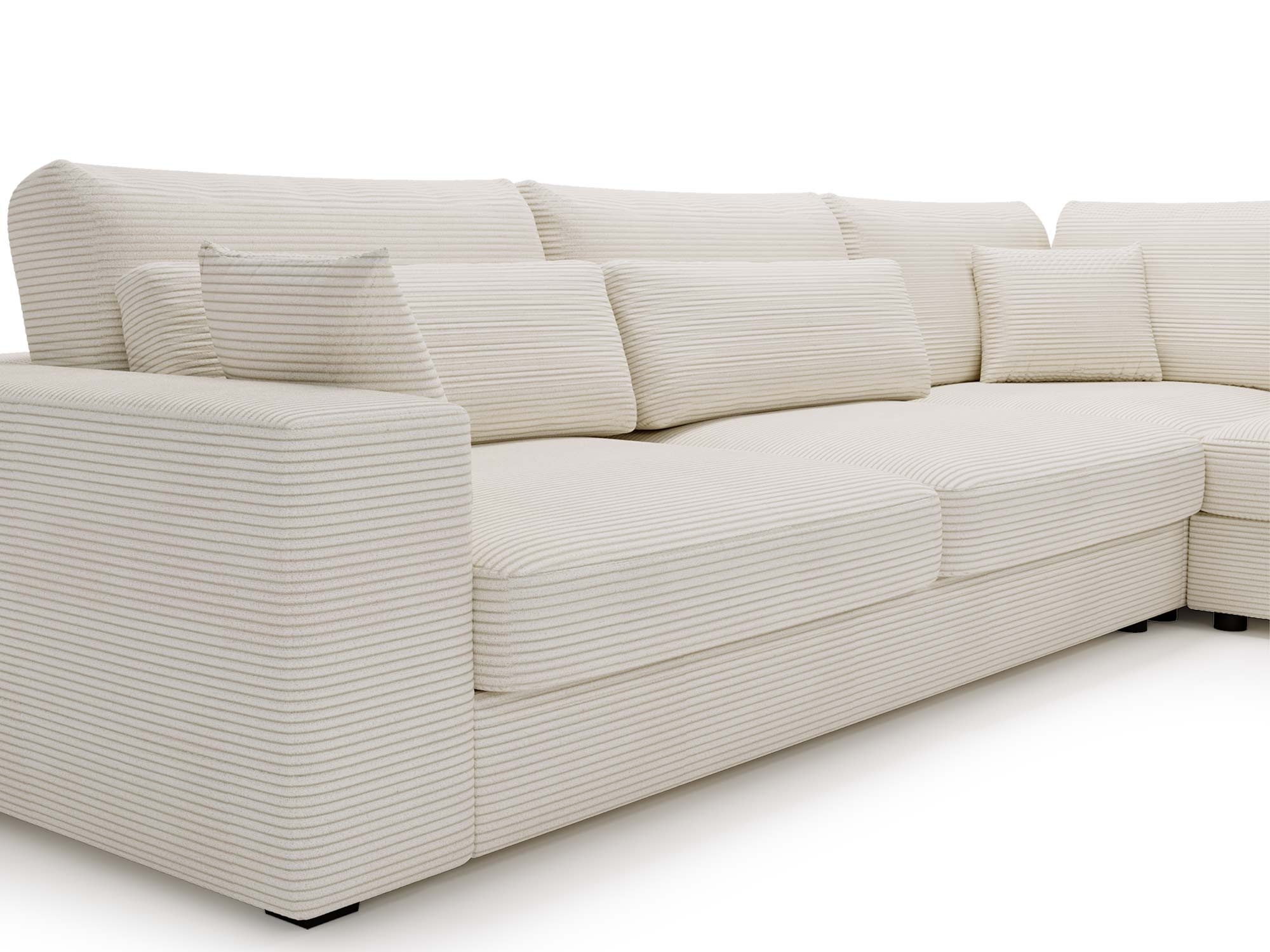 Beżowy narożnik z plecionki z prostymi bokami i miękkim siedziskiem Beżowy narożnik z plecionki z prostymi bokami i miękkim siedziskiem