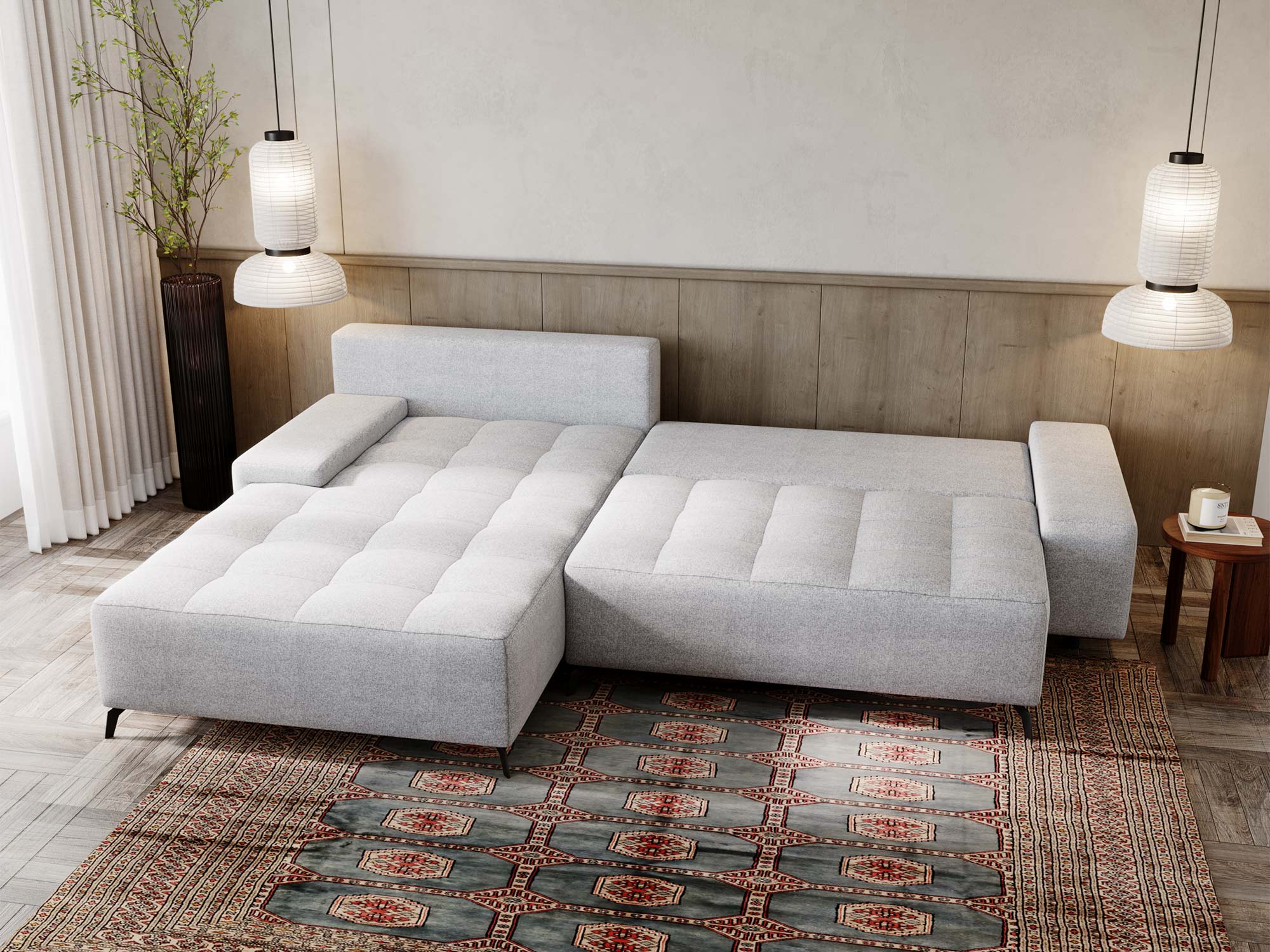 Narożnik rozkładany jasnoszary z pikowaniem w stylu modern Narożnik rozkładany jasnoszary z pikowaniem w stylu modern