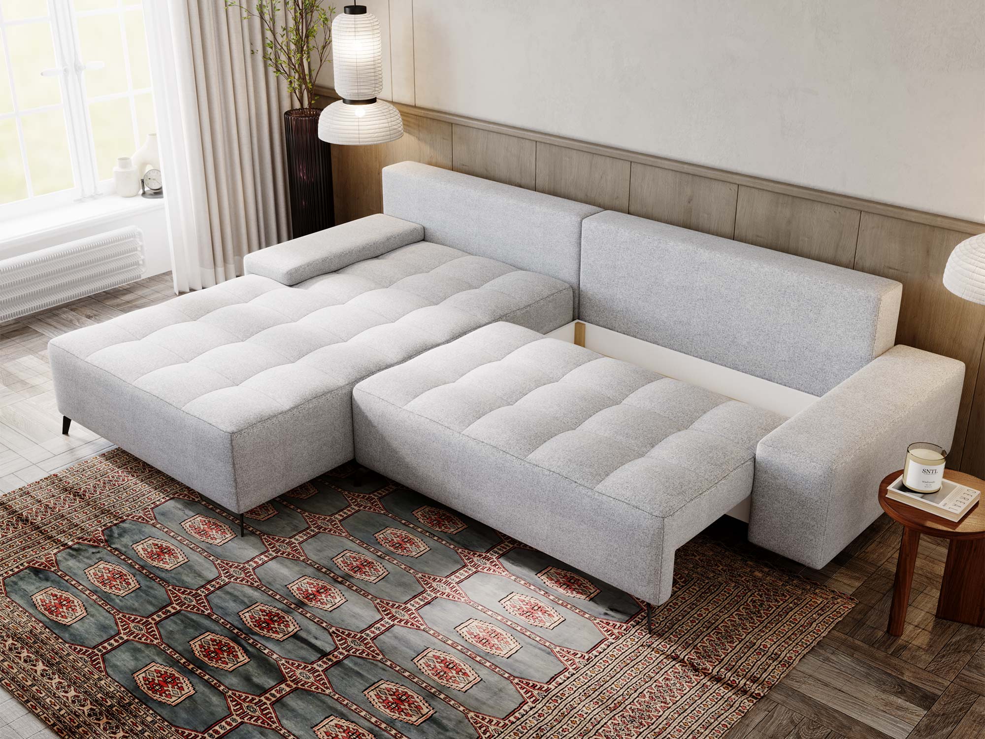 Sofa narożna z funkcją spania w aranżacji z dywanem orientalnym Sofa narożna z funkcją spania w aranżacji z dywanem orientalnym