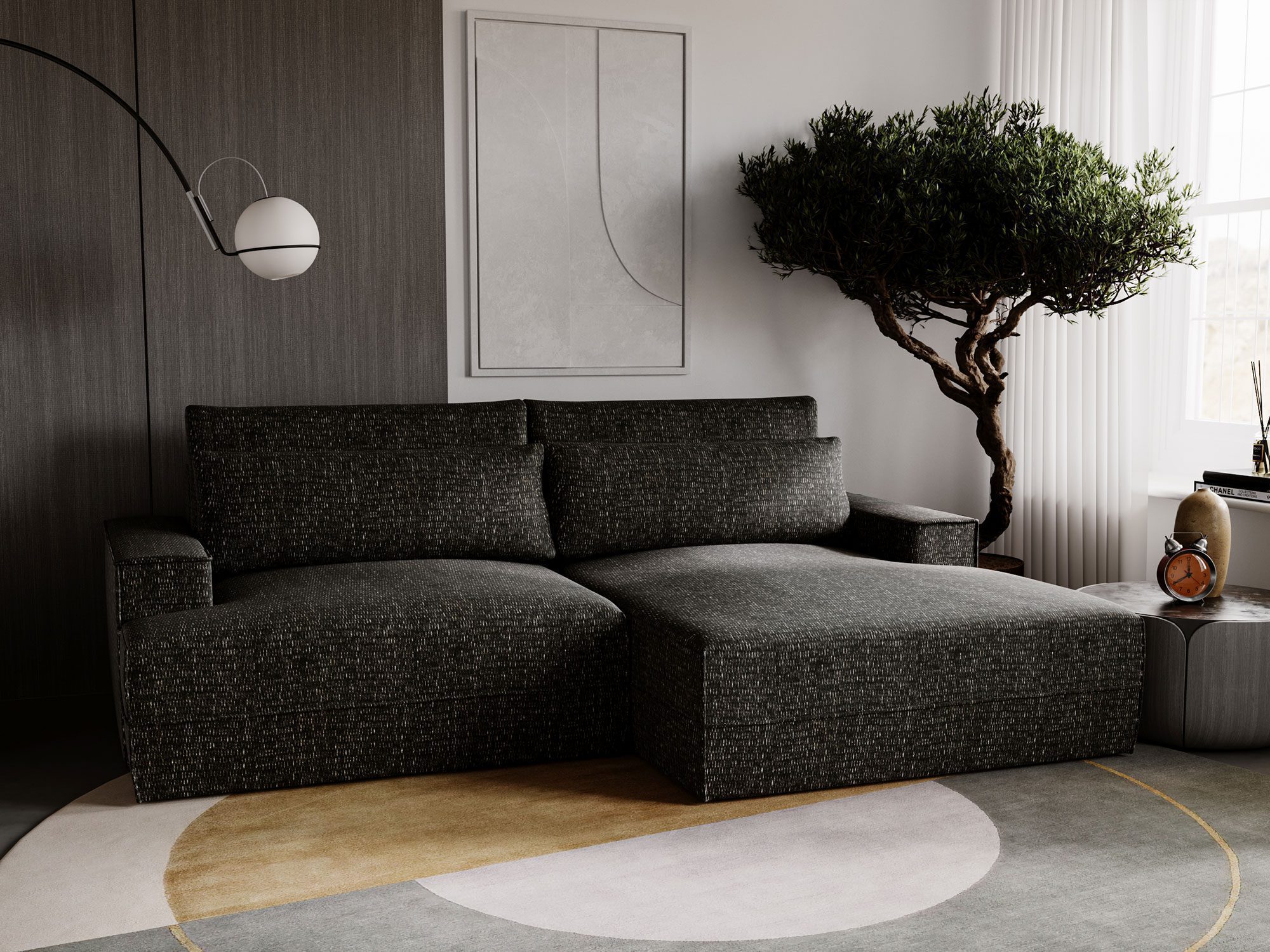 Ciemnobrązowa sofa z komfortowym siedziskiem i eleganckim detalem Ciemnobrązowa sofa z komfortowym siedziskiem i eleganckim detalem