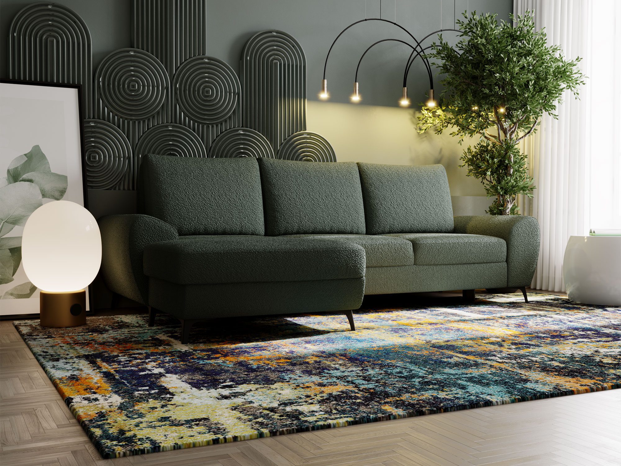 Zielony narożnik z wysokimi poduchami w nowoczesnej aranżacji Zielony narożnik z wysokimi poduchami w nowoczesnej aranżacji