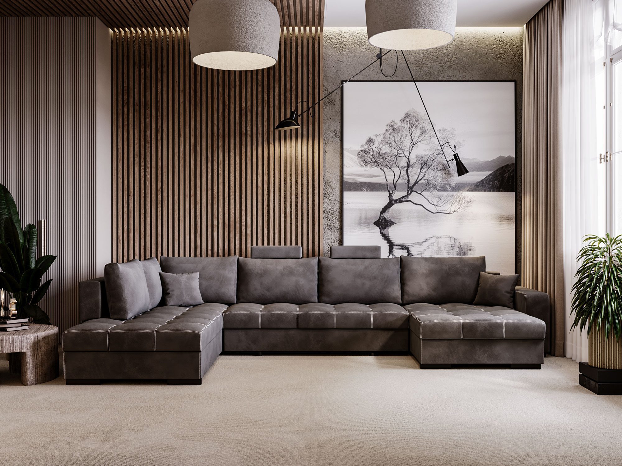 Narożnik w kolorze popielatego brązu w układzie U z miękką tapicerką Narożnik w kolorze popielatego brązu w układzie U z miękką tapicerką