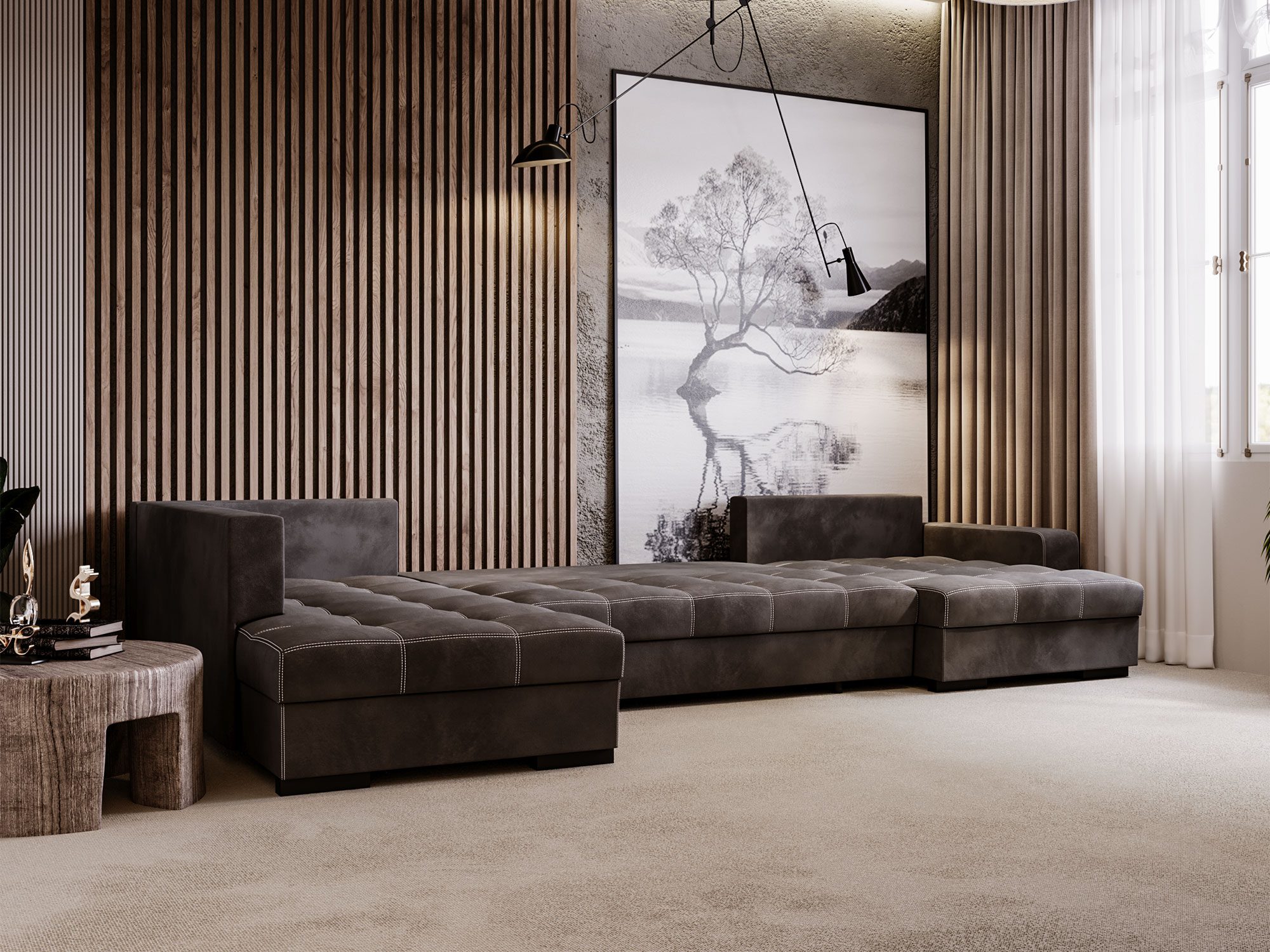 Narożnik ciemnobrązowy z funkcją relaksu i nowoczesnym układem Narożnik ciemnobrązowy z funkcją relaksu i nowoczesnym układem