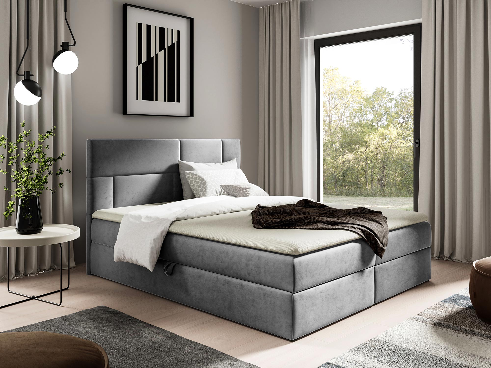 Łóżko tapicerowane w szarym zagłówkiem w nowoczesnej sypialni Łóżko tapicerowane w szarym zagłówkiem w nowoczesnej sypialni