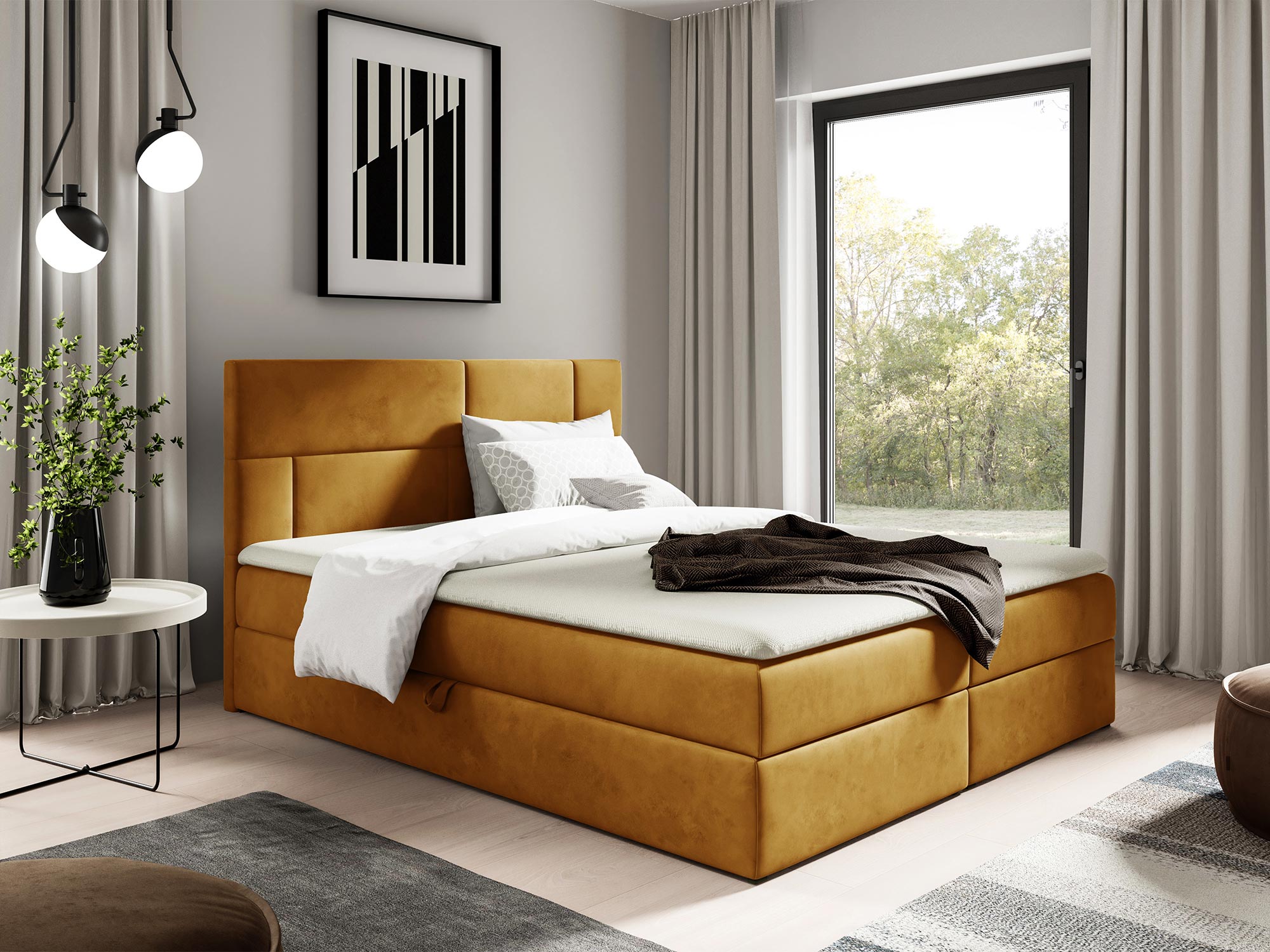 Łóżko tapicerowane w musztardowym kolorze z ozdobnym zagłówkiem w aranżacji sypialnianej Łóżko tapicerowane w musztardowym kolorze z ozdobnym zagłówkiem w aranżacji sypialnianej