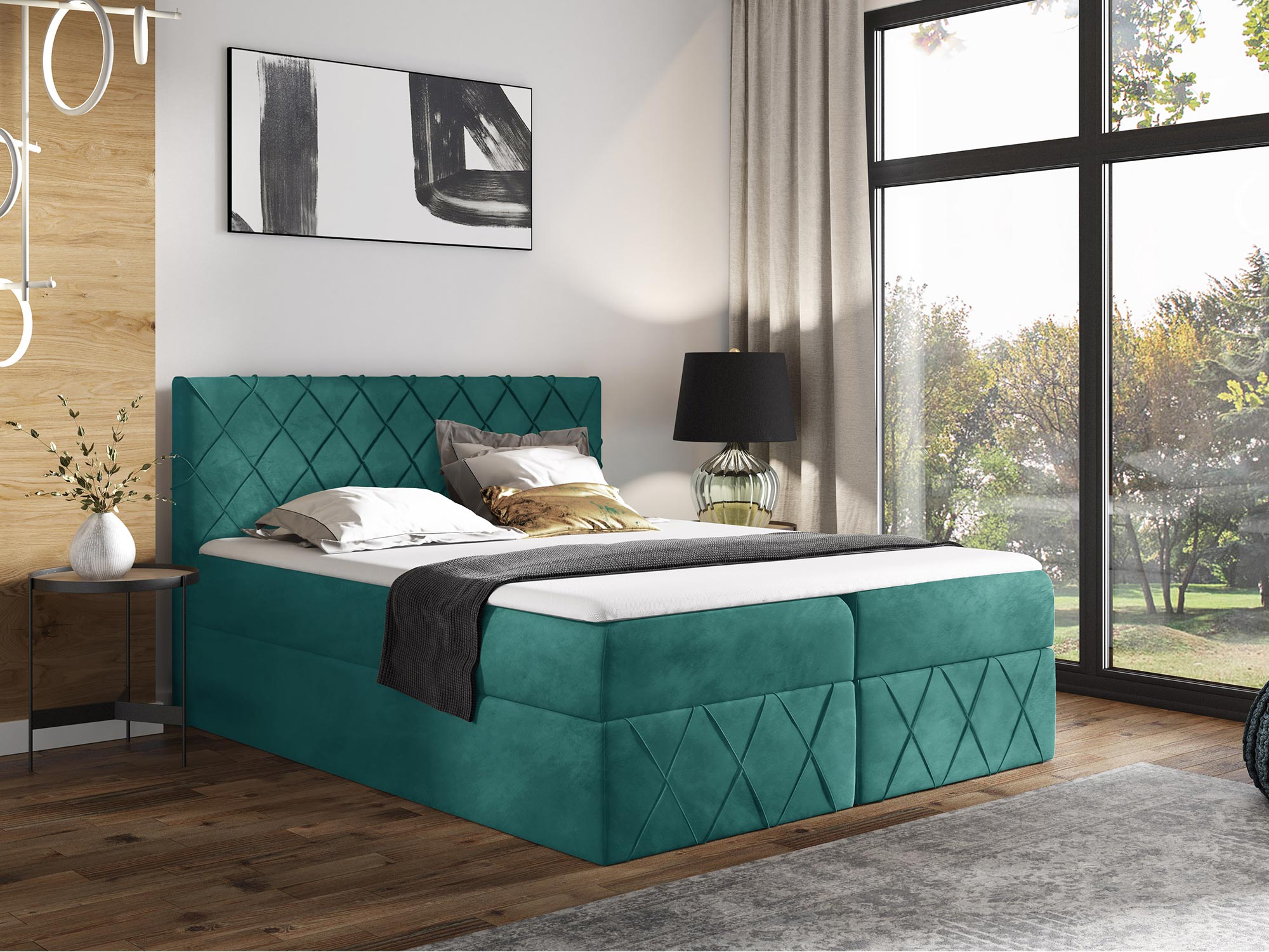Nowoczesne łóżko tapicerowane w zielonym kolorze z pikowanym zagłówkiem Nowoczesne łóżko tapicerowane w zielonym kolorze z pikowanym zagłówkiem