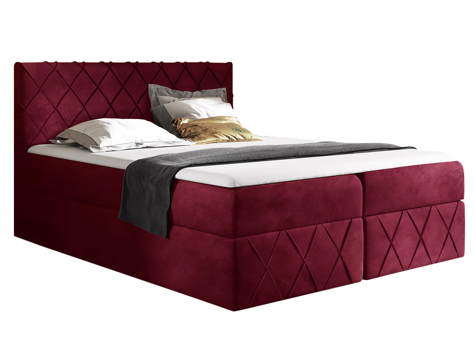 Łóżko tapicerowane w bordowym kolorze z pikowanym zagłówkiem Łóżko tapicerowane w bordowym kolorze z pikowanym zagłówkiem