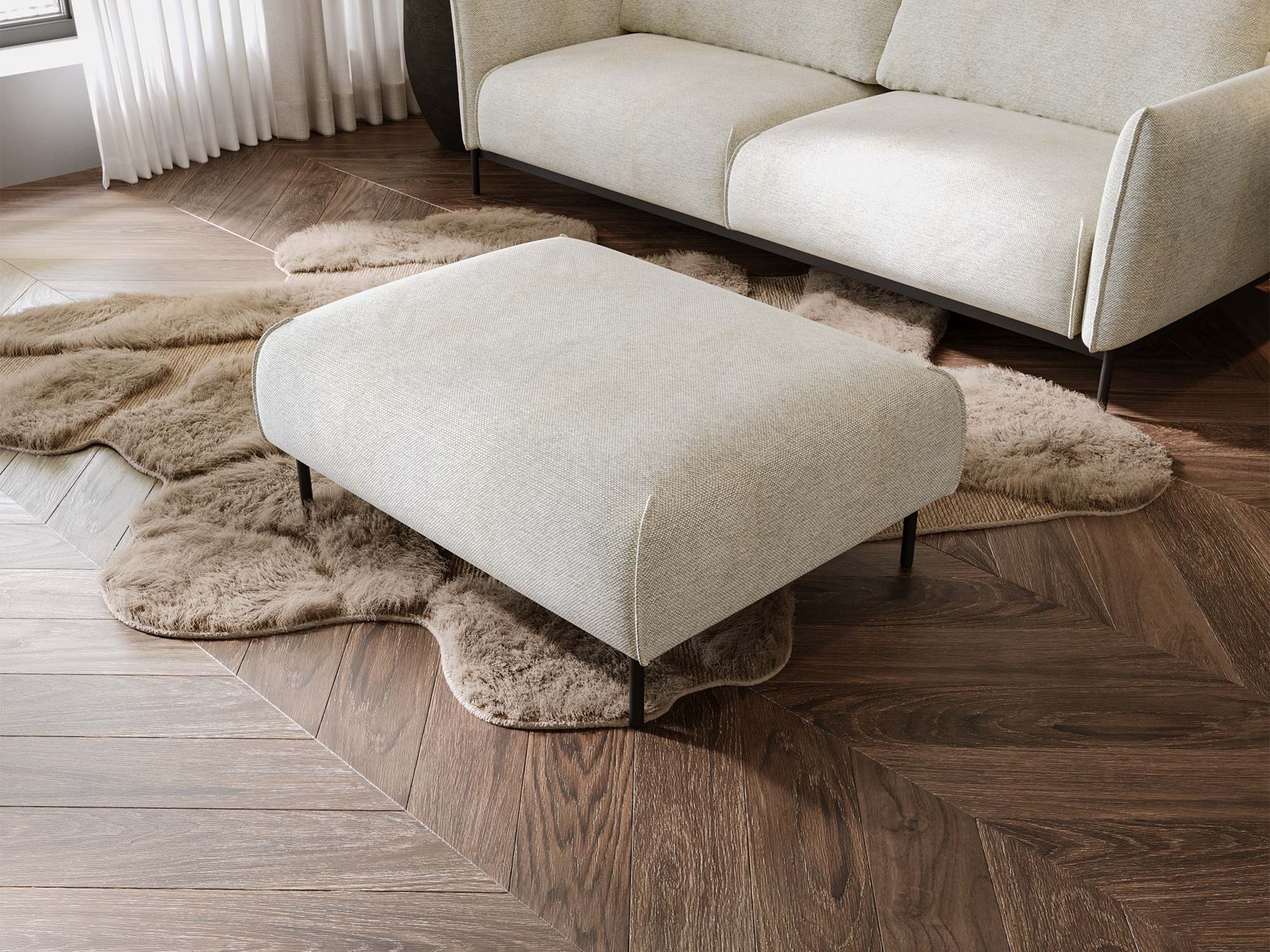 Skandynawska pufa beżowa do przytulnego salonu Skandynawska pufa beżowa do przytulnego salonu