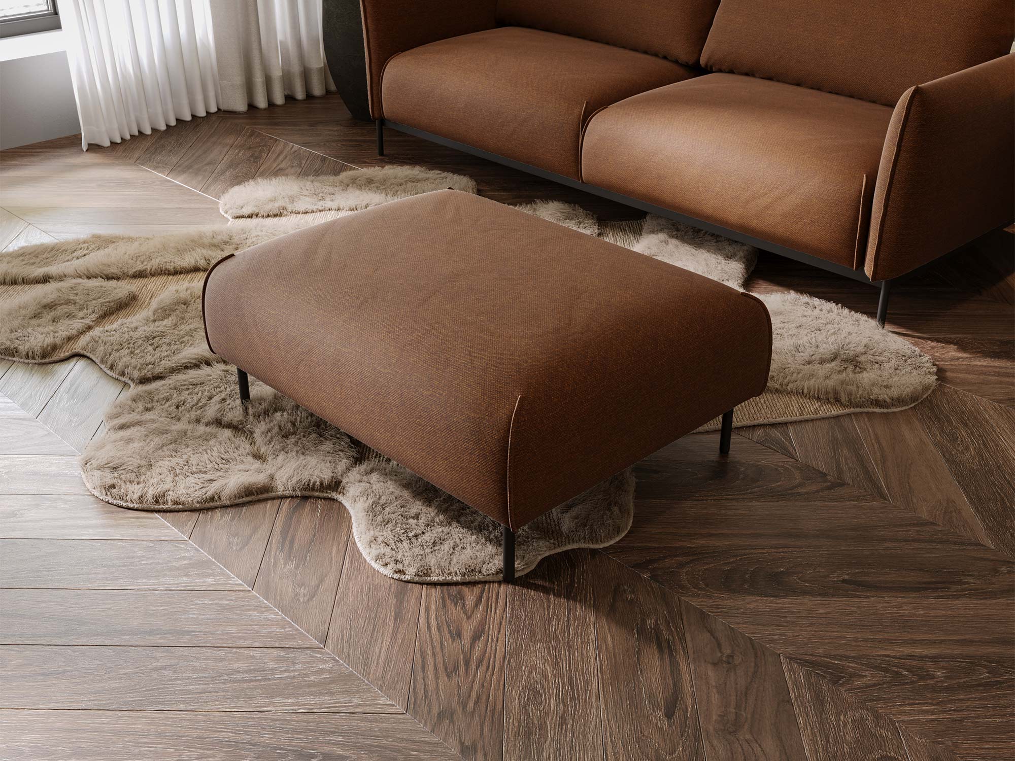 Ceglastobrązowa pufa salonowa na czarnych metalowych nogach Ceglastobrązowa pufa salonowa na czarnych metalowych nogach